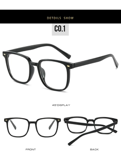 Three-angle view of lightweight square black PC glasses frames with gold metal rivets