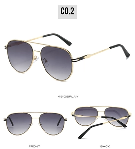Three-view display of classic aviator sunglasses with gold frame and gradient gray lenses