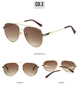 Three views of gold aviator sunglasses with brown gradient lenses and metal frame