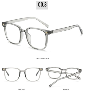 Transparent grey TR90 square frame glasses showing 45-degree, front, and folded views