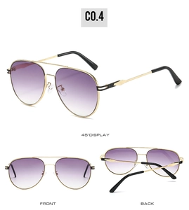 Detailed views of gold pilot sunglasses featuring purple gradient lenses and metal frame