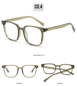 Detailed views of translucent tea green PC square frame glasses with lightweight TR90 temples