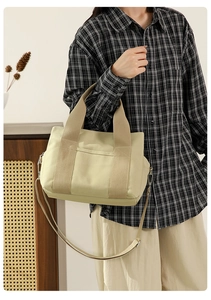 Detail view of high-density canvas tote with reinforced handles and adjustable strap