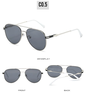 Detailed views of silver metal aviator sunglasses with grey lenses and double bridge design