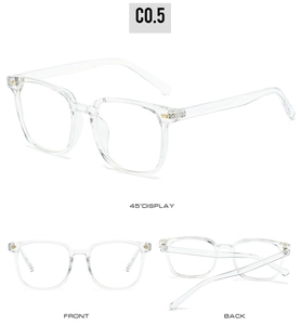 Detailed multi-angle views of transparent square PC eyeglass frames with gold metal studs