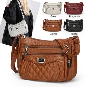 Women Quilted Crossbody Bag Soft PU Leather Multi Zipper Pocket Shoulder Bag Casual Square Purse Fashion Handbag