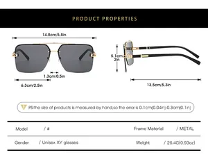 Detailed size chart for retro semi-rimless square sunglasses with metal frame dimensions