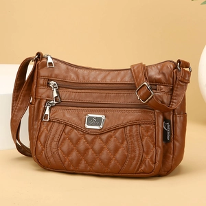Brown faux leather crossbody bag with quilted rhombus texture and multi-zipper design