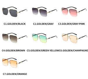 Matrix display of square rimless sunglasses in seven colors with metal bridge detail