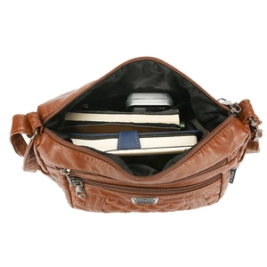 Brown quilted crossbody bag for women with multi-zipper pockets and large capacity