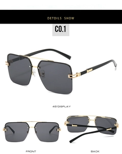 Close-up details of square semi-rimless sunglasses with gold double bridge and black lenses