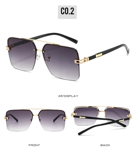 Three-view display of semi-rimless square sunglasses with gradient lenses and gold double bridge