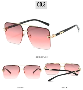 Multi-angle view of rimless square sunglasses with pink gradient lenses and gold bridge