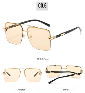 Detailed views of semi-rimless square sunglasses with orange lenses and golden metal temples