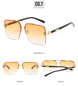 Three-angle display of semi-rimless square sunglasses with orange gradient lenses and gold hinges