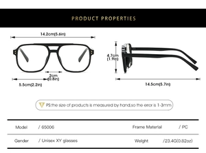 Detailed technical diagram of pilot square glasses frame with PC material dimensions