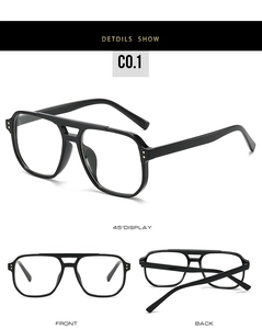 Detailed multi-angle views of black pilot style eyeglass frames showing front and side profile