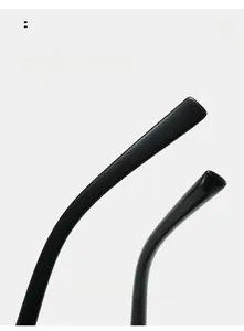 Detailed macro view of ergonomic curved black sunglass legs with smooth polished finish