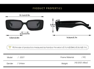Detailed size chart for retro rectangular sunglasses with frame and lens measurements