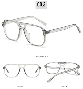 Three views of retro square pilot frames in transparent gray with metallic rivets