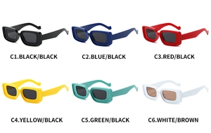 Matrix display of rectangular sunglasses in six candy colors including black and green