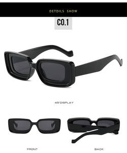 Three-angle views of black rectangular thick frame sunglasses with 3D nested design