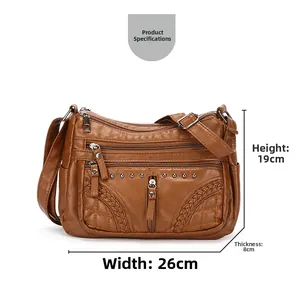 Detailed dimensions of the brown soft leather crossbody bag showing 26cm width and 19cm height
