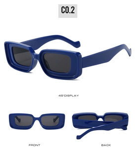 Three-angle views of deep blue rectangular sunglasses with sleek black lenses