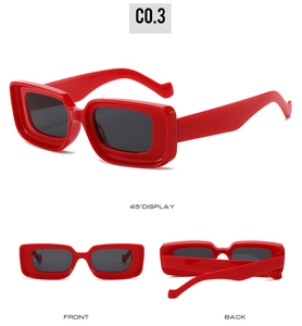 Three views of red rectangular sunglasses showing front, back, and side display details