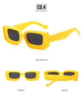 Three-view detail of candy yellow rectangular sunglasses with retro wavy temples