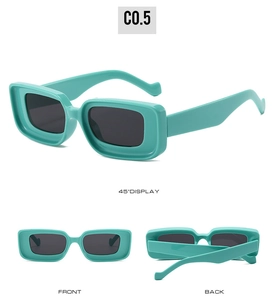 Detailed views showing teal green rectangular sunglasses from front, back and 45-degree angle