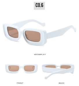Detailed views of white rectangular sunglasses showing front, back and 45-degree angles