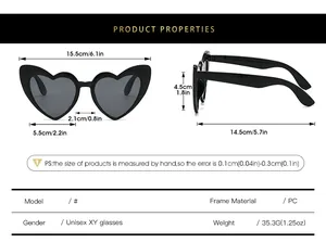 Detailed size chart for heart-shaped sunglasses with frame dimensions and PC material spec