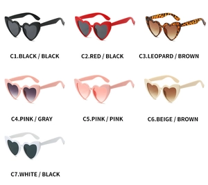 Collage showing seven color options of heart-shaped sunglasses in a 3x3 grid layout