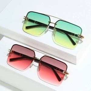 Retro half-frame square sunglasses with metal double bridge and gradient lenses