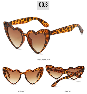 Detailed views of leopard print heart sunglasses with brown gradient lenses from three angles