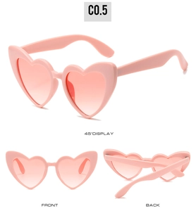 Three-view display of pink heart-shaped sunglasses showing front, side and back angles