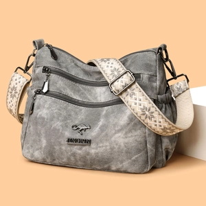 Grey washed texture tote bag with multi-layer zippers and jacquard shoulder strap