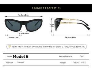 Detailed size chart for cat eye sunglasses featuring frame width and arm length specs