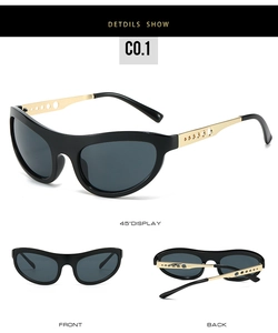 Detailed multi-angle views of black cat-eye sunglasses with hollow metal temples