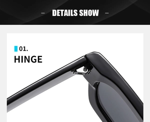 Close-up of durable metal hinge on black square sunglasses with glossy plastic finish