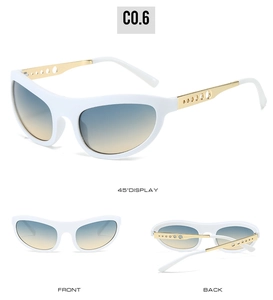 Detailed views showing white cat eye sunglasses with gold hollowed-out metal temples