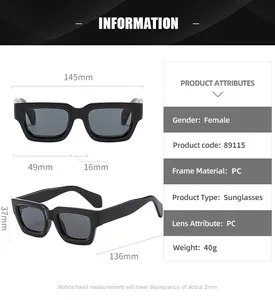 Detailed size chart for square frame PC sunglasses showing precise dimensions and lens attributes