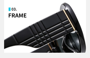 Detail of glossy black temples featuring embossed grid texture and gold metal accents