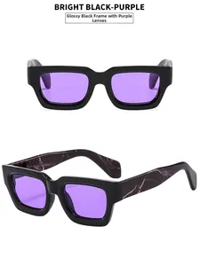 Detailed views of square thick frame sunglasses with purple lenses and marble texture temples