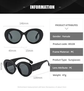 Detailed size specifications for retro oval sunglasses with classic checkered temples