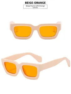 Close-up of rectangular beige frames with vibrant orange lenses shown from multiple angles