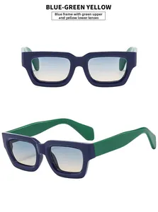Detail view of square sunglasses featuring blue frames, green temples and gradient lenses