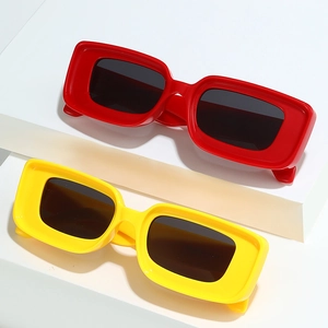 Retro rectangle sunglasses in vibrant red and yellow colors with thick resin frames