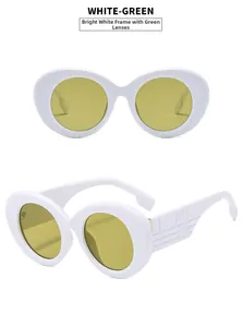 Detail of white rectangle sunglasses with green lenses and checkered textured temples